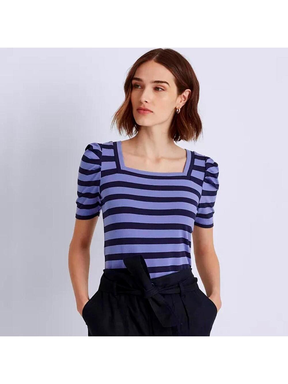 Lauren Ralph Lauren Women's Blue Black Label Striped Puff Sleeve Top Size L